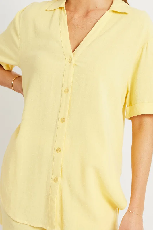 Yellow Relaxed Shirt Short Sleeve Linen Blend