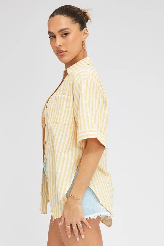 Yellow Stripe Shirt Short Sleeve Collared Neck