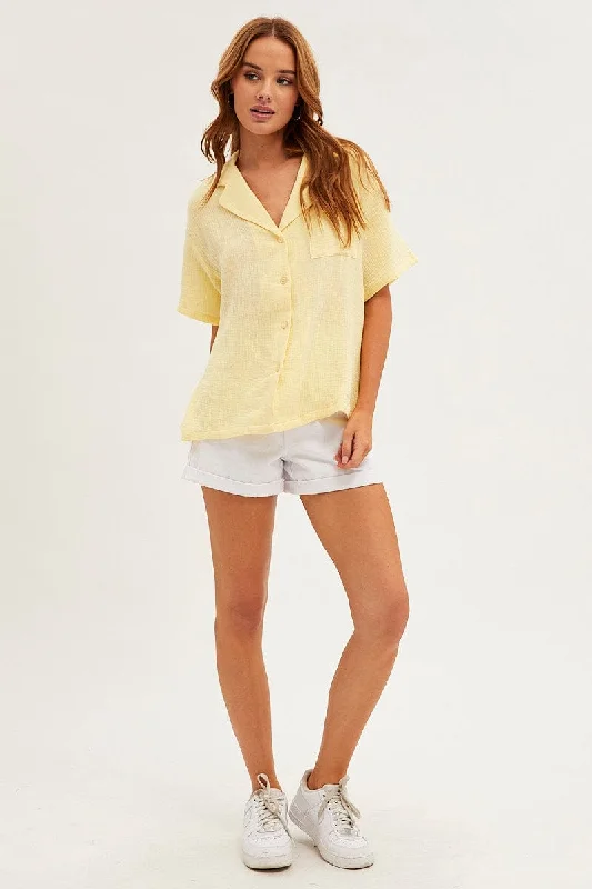 Yellow Textured Shirt Short Sleeve Collared Cotton