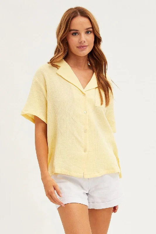 Yellow Textured Shirt Short Sleeve Collared Cotton