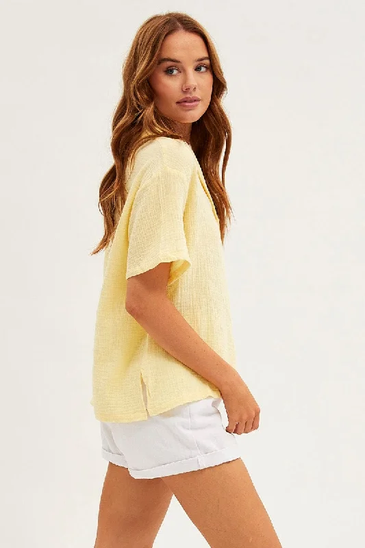 Yellow Textured Shirt Short Sleeve Collared Cotton