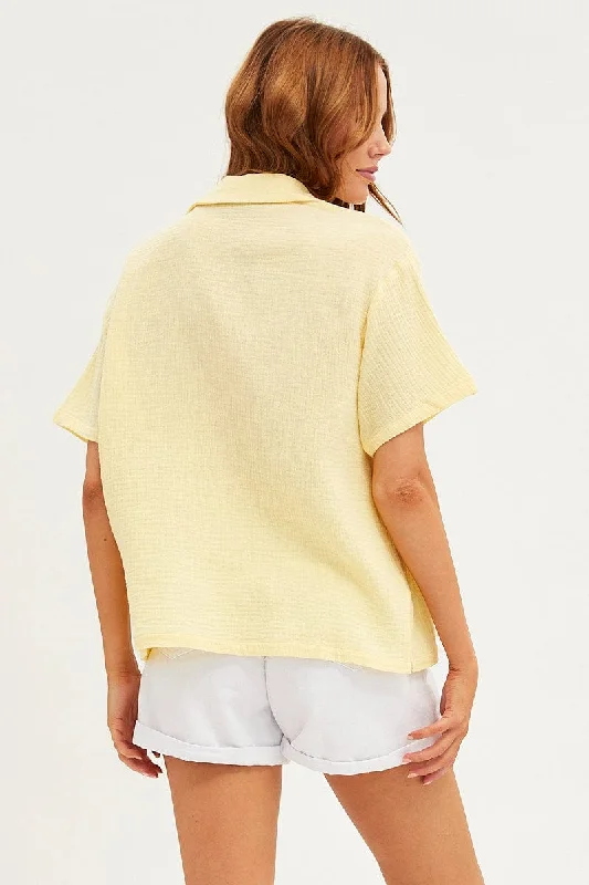 Yellow Textured Shirt Short Sleeve Collared Cotton