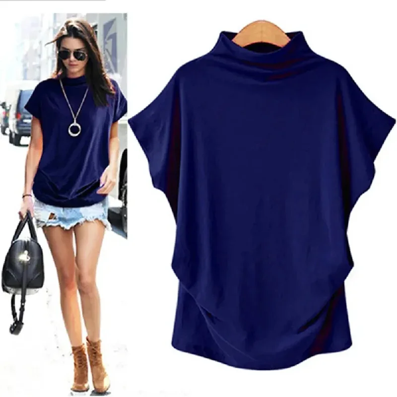 5XL Women Summer T-Shirt Short Batwing Sleeve Loose Solid Gray Turtleneck Tee Sh