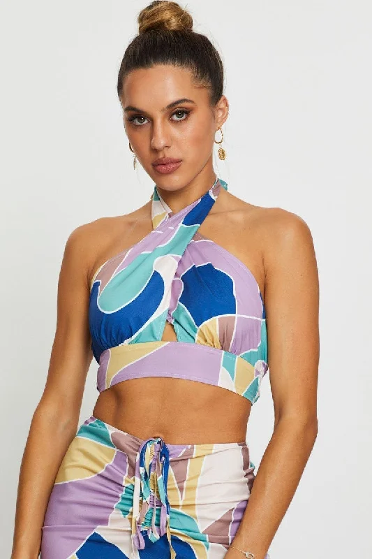 Abstract Print Crop Top Sleeveless Halter