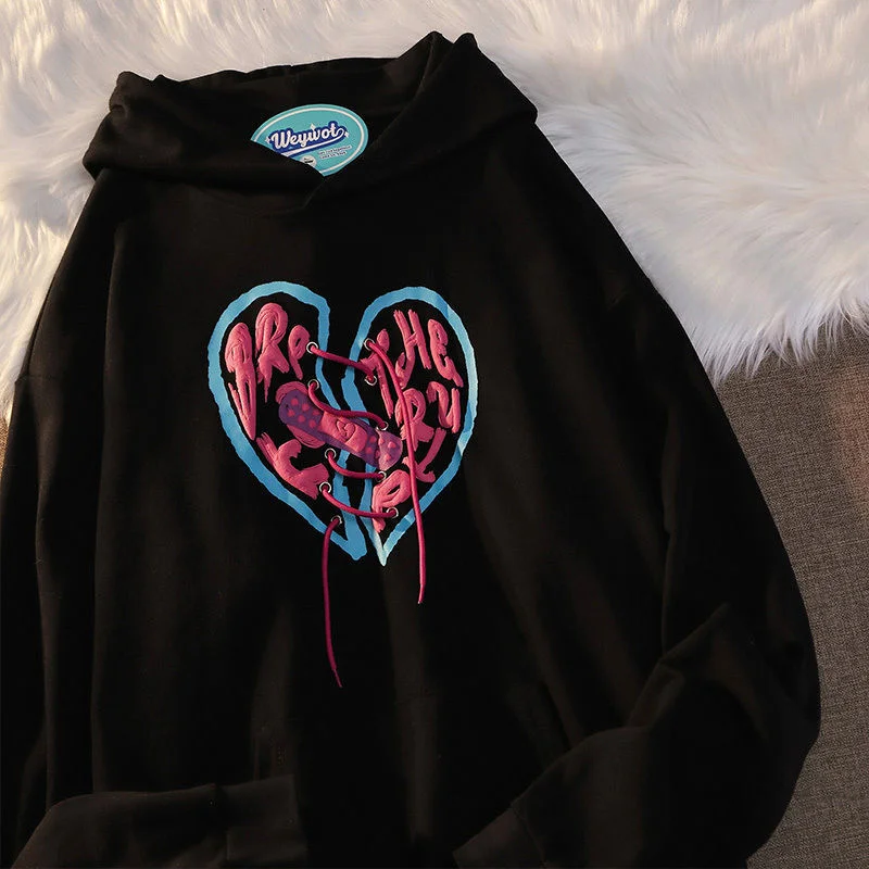 FashionSierra - Oversize Love Print Lovers Hoodie