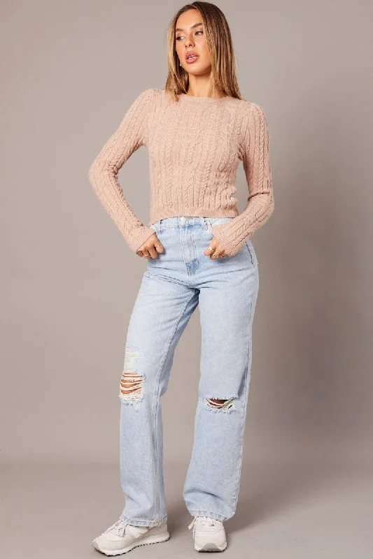 Beige Cable Knit Top Long Sleeve