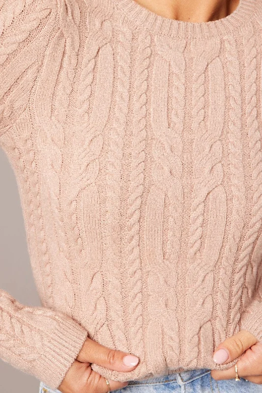 Beige Cable Knit Top Long Sleeve