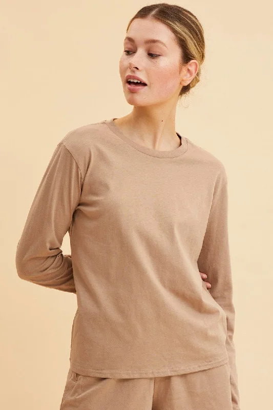 Beige Long Sleeve T-Shirt Crew Neck Cotton Regular Fit