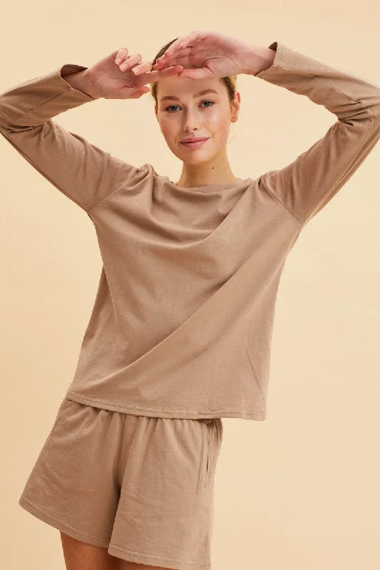 Beige Long Sleeve T-Shirt Crew Neck Cotton Regular Fit