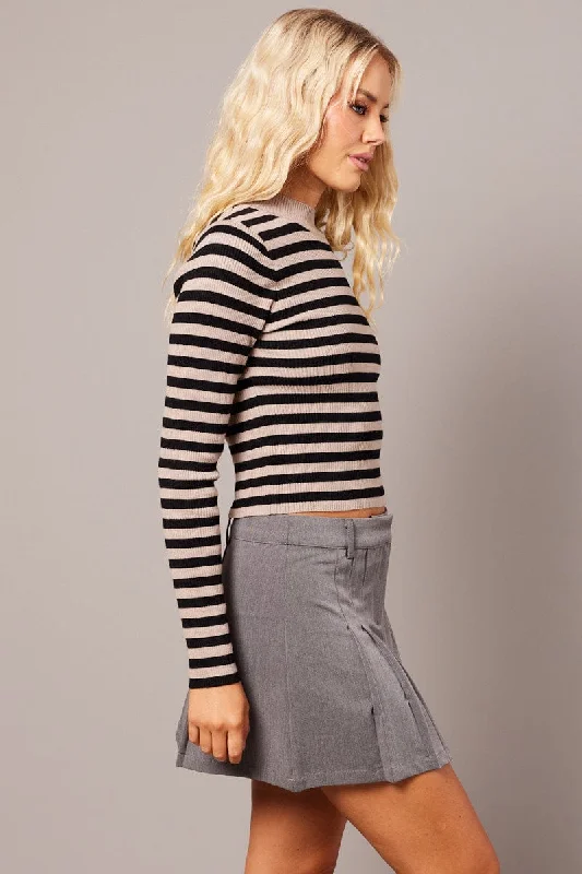 Beige Stripe Knit Top Long Sleeve Funnel Neck