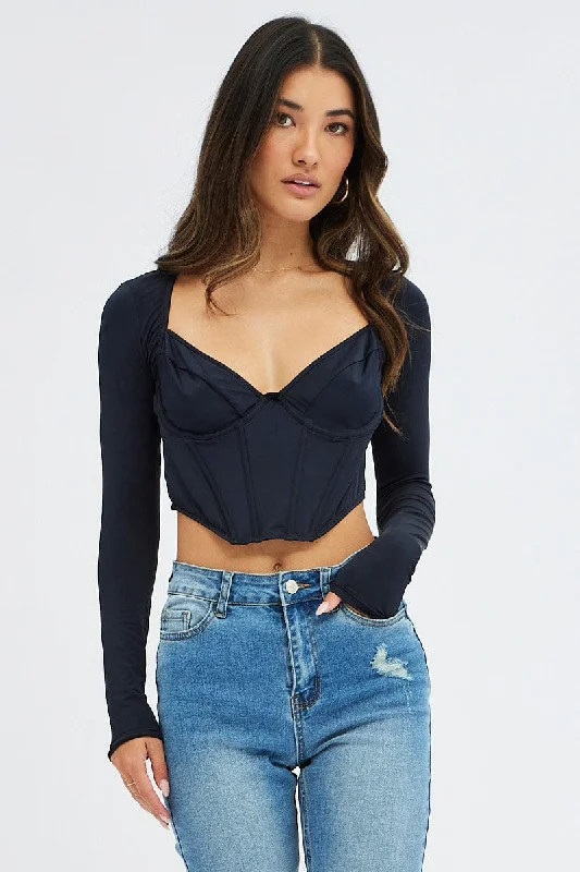 Black Corset Top Long Sleeve Crop