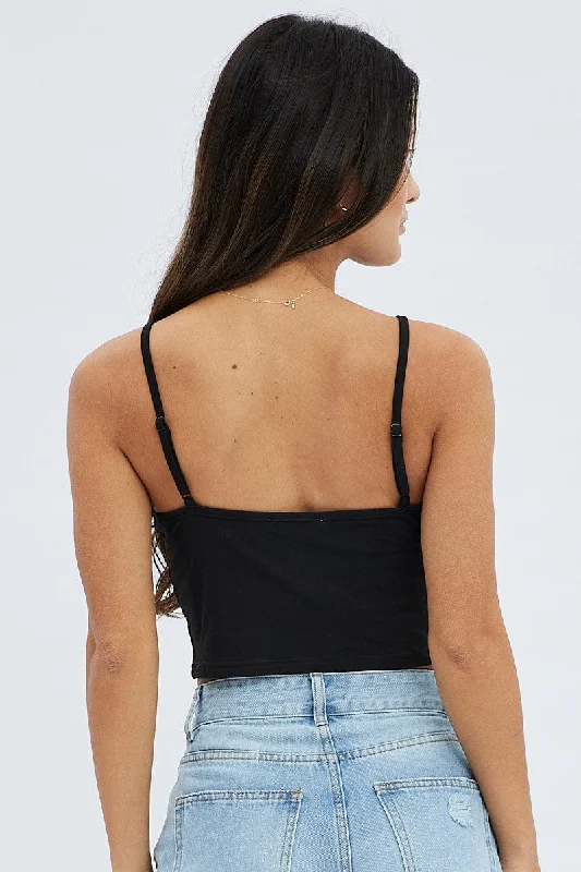 Black Cotton Stretch High Neck Cropped Singlet