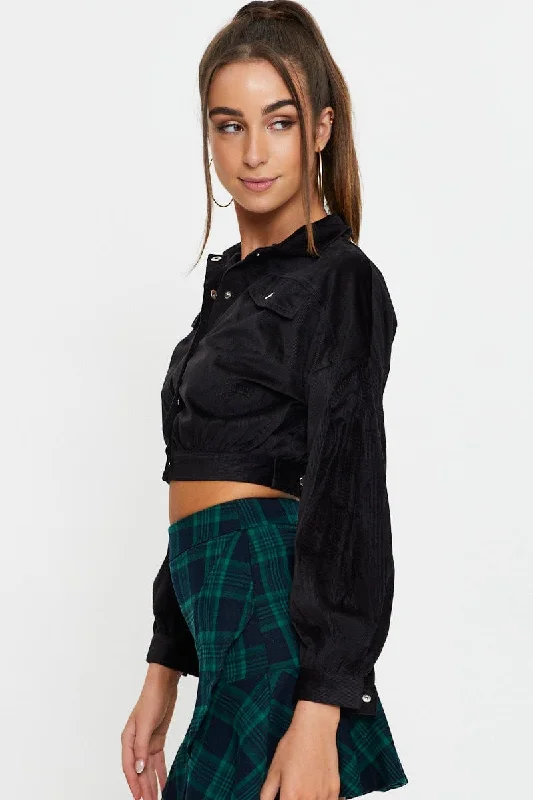 Black Crop Button Front Shirt