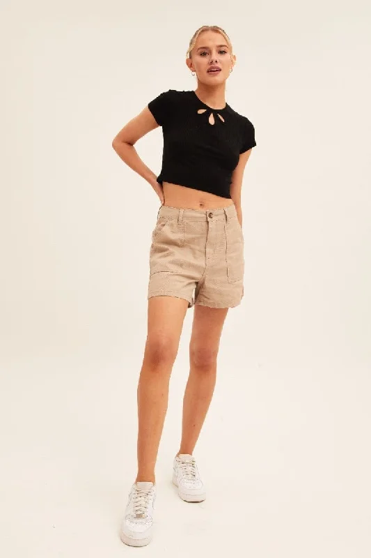 Black Crop Top Short Sleeve Crew Neck Rib Jersey