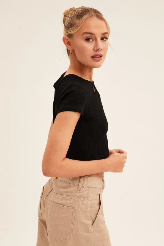 Black Crop Top Short Sleeve Crew Neck Rib Jersey