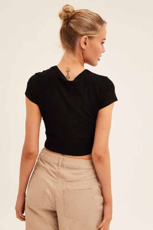 Black Crop Top Short Sleeve Crew Neck Rib Jersey