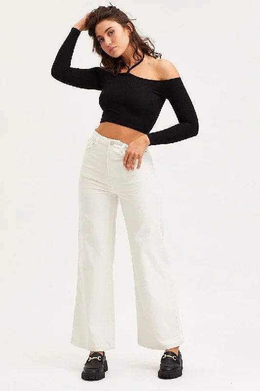 Black Jersey Crop Top Long Sleeve Halter Neck