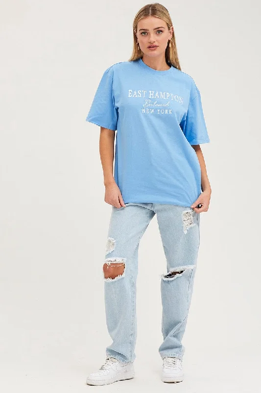 Blue Graphic T Shirt Oversized Crew Neck