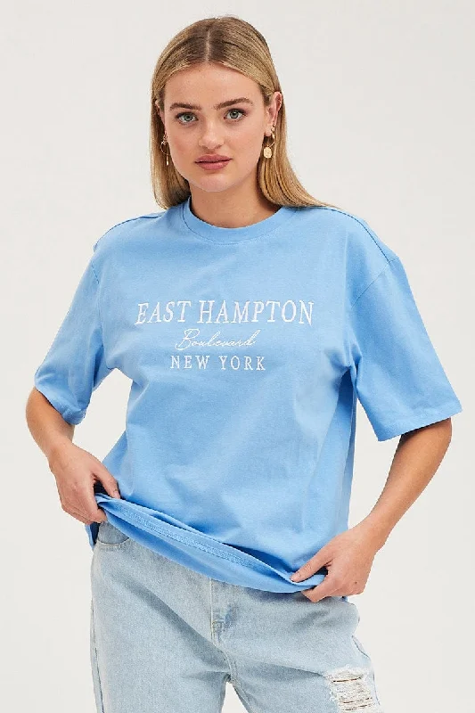 Blue Graphic T Shirt Oversized Crew Neck