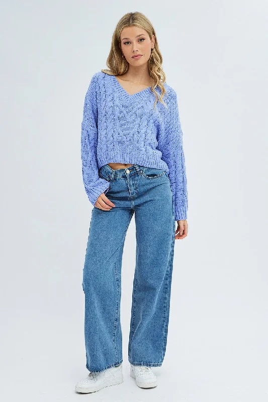 Blue Knit Top Long Sleeve V-Neck Cable