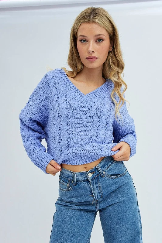 Blue Knit Top Long Sleeve V-Neck Cable