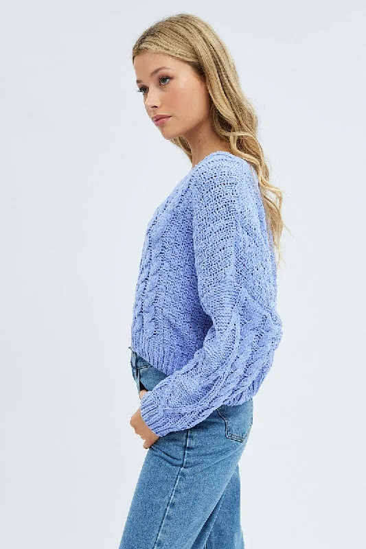 Blue Knit Top Long Sleeve V-Neck Cable