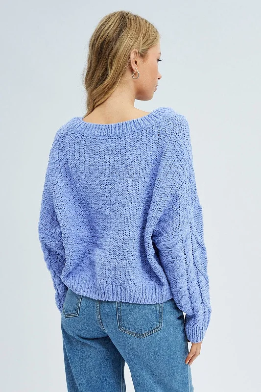 Blue Knit Top Long Sleeve V-Neck Cable