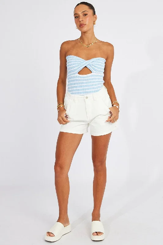 Blue Stripe Crochet Knit Top Bandeau