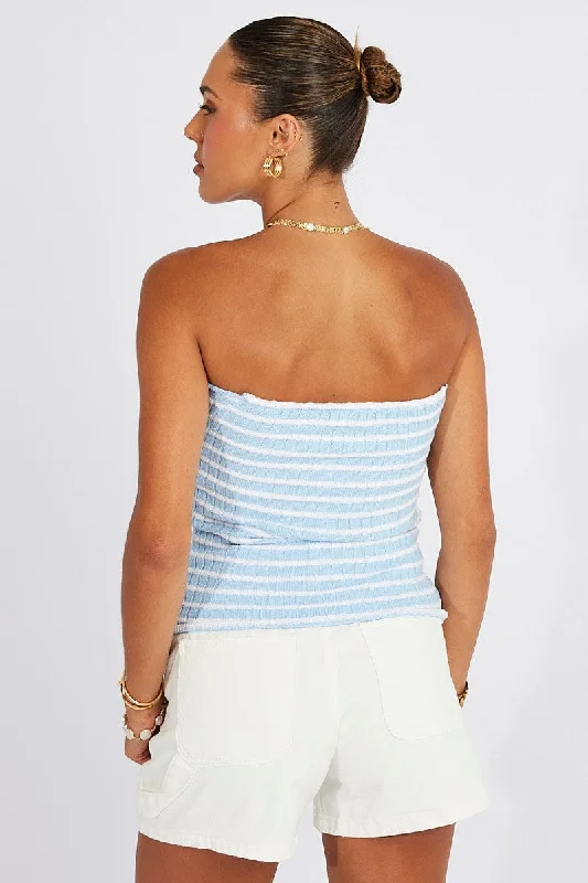 Blue Stripe Crochet Knit Top Bandeau