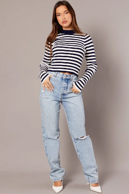 Blue Stripe Knit Top Long Sleeve Funnel Neck