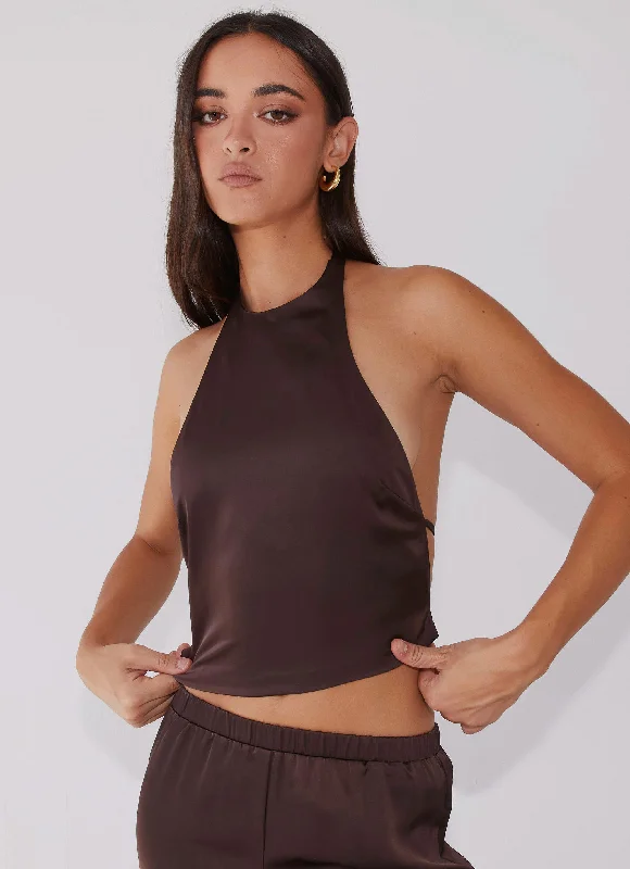 Bree Satin Halterneck Top - Brown