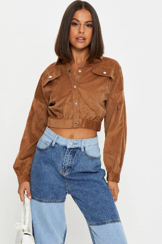 Brown Crop Button Front Shirt