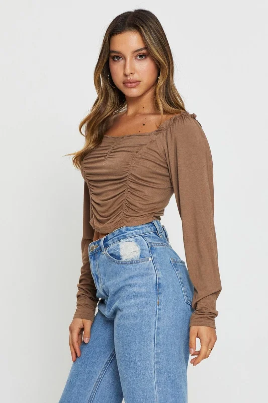 Brown Crop Top Long Sleeve