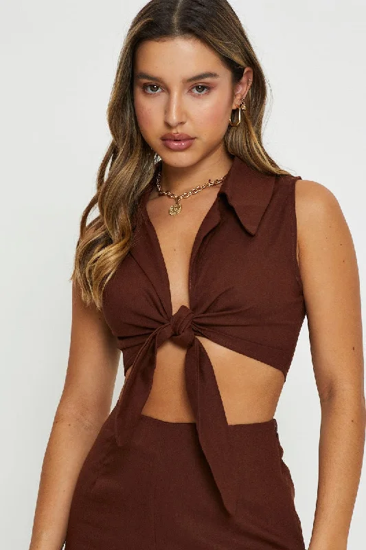 Brown Crop Top Sleeveless Tie Up