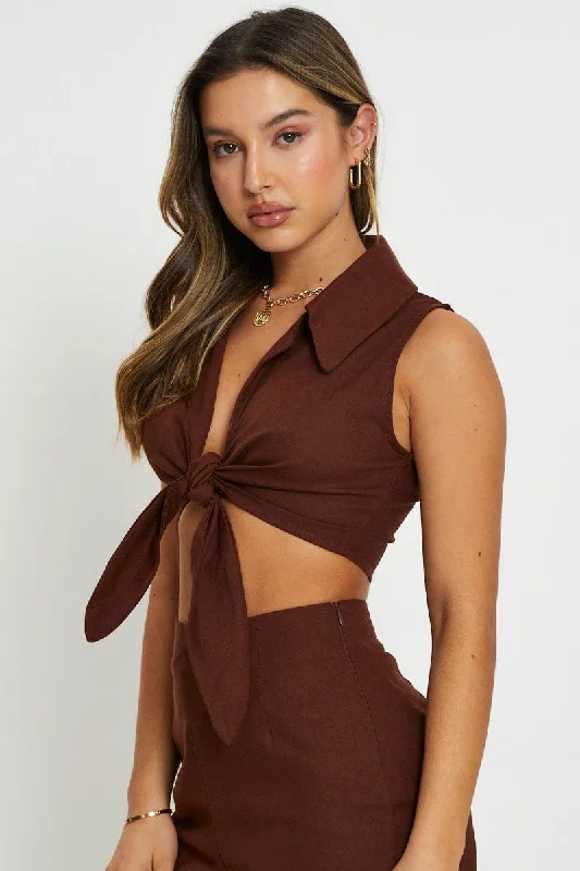 Brown Crop Top Sleeveless Tie Up