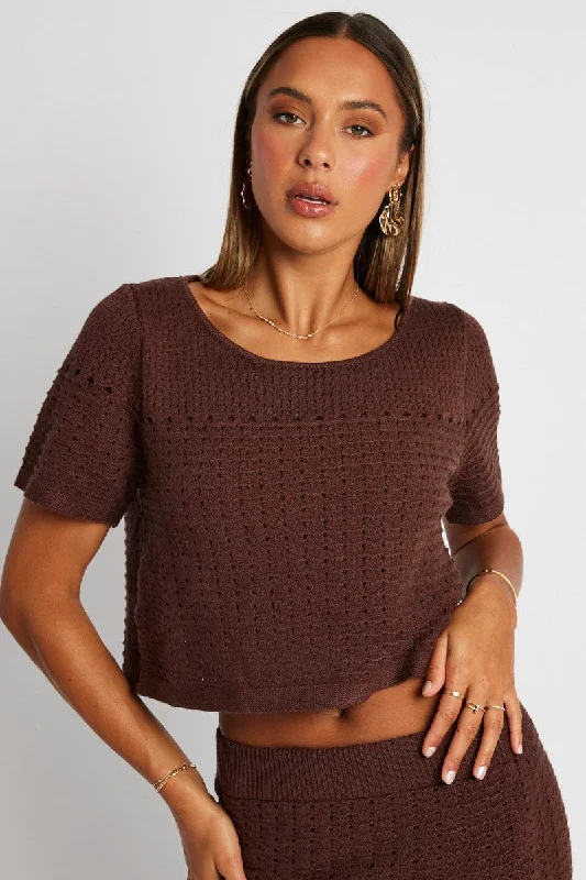 Brown Knit Top Short Sleeve Crochet