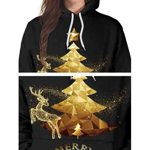 Plus Size Casual Women Christmas Tree Hooded Swearshirts