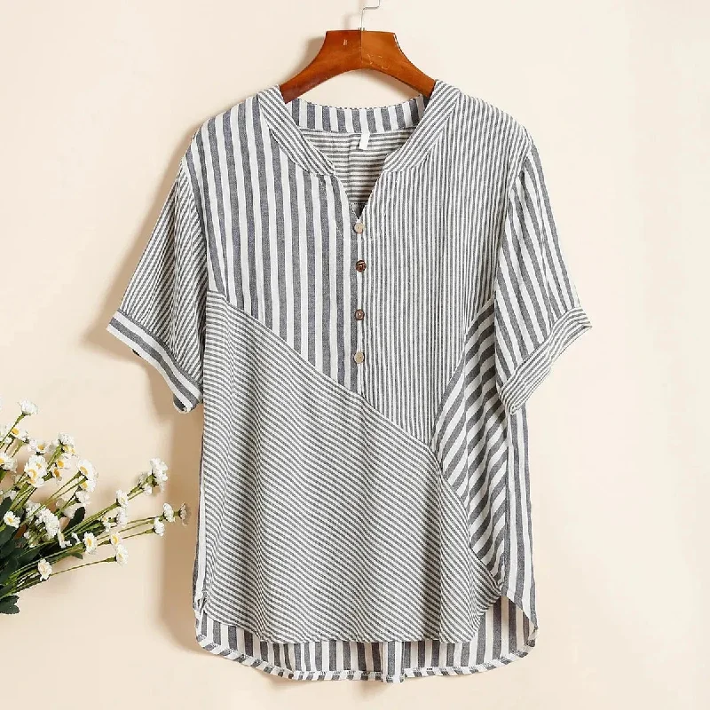 Casual Commute Female Striped Spliced V-Neck T-shirt Summer Women's Clothing Fas