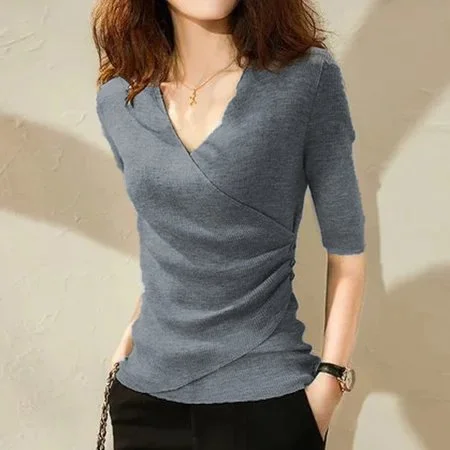 Casual V Neck Half Sleeve Cotton Shirts & Tops