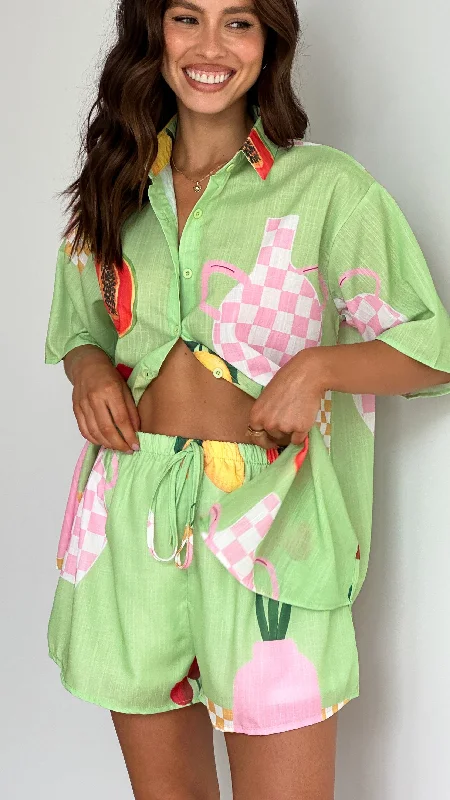 Charli Button Up Shirt and Short Set - Green Vase Print