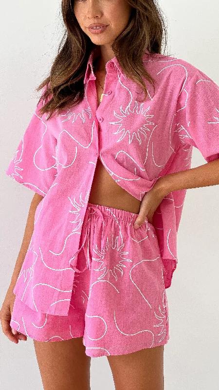 Charli Button Up Shirt and Shorts Set - Pink Swirl Sun