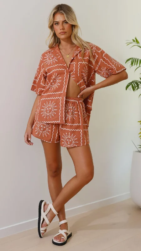 Charli Button Up Shirt and Shorts Set - Rust Sun