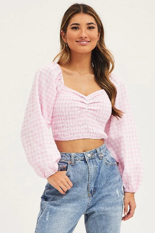 Check Crop Top Long Sleeve