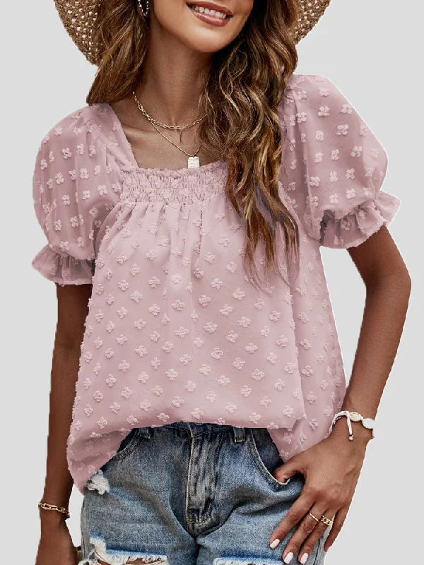 MegaBetty - Jacquard Dots Square Neck Short Sleeve Blouse