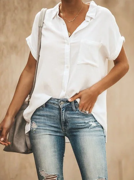 MegaBetty - Solid Lapel Short Sleeve Pocket Blouse