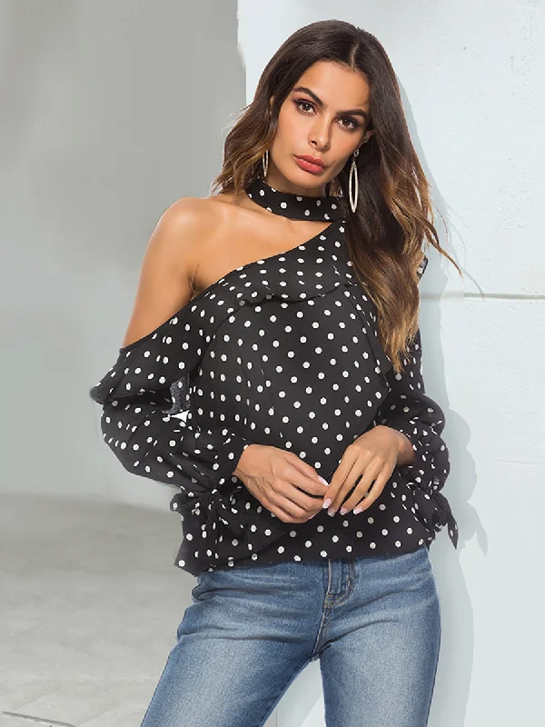 MegaBetty - Women Chiffon Polka Point Diagonal Collar With Tie Blouse Top One Shoulder