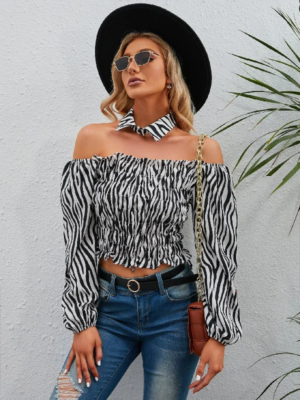 MegaBetty - Retro zebra-patterned short off-the-shoulder fake collar bubble sleeve shirt top