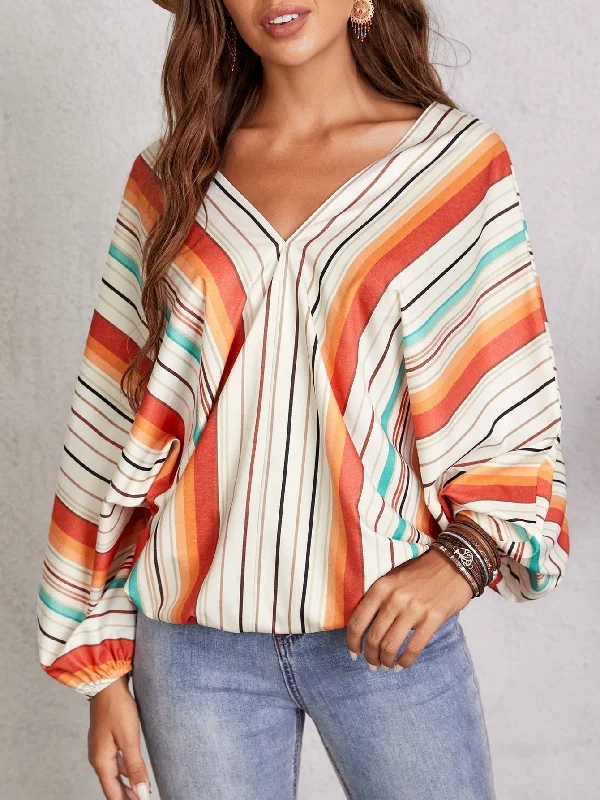 MegaBetty - Drop Shoulder Batwing Sleeve V Neck Stripe Blouse