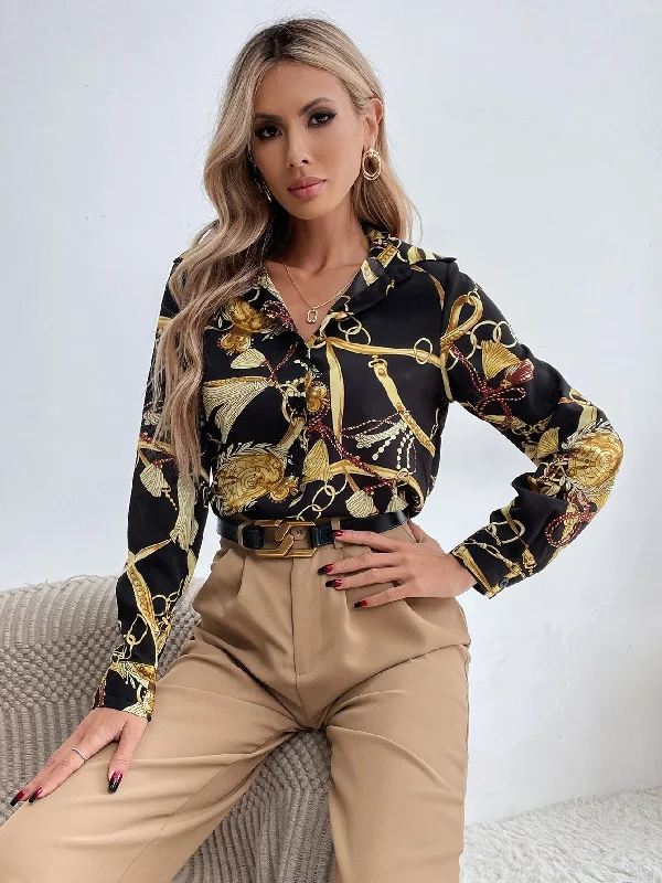 MegaBetty - Chain Print Button Front Blouse