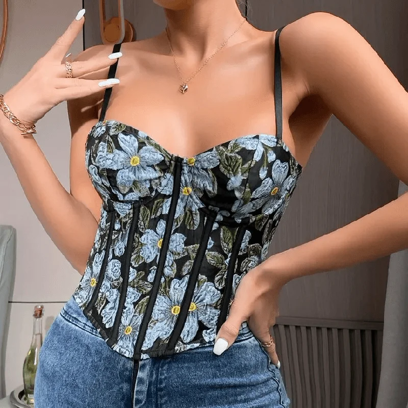 MegaBetty - Jolene Spaghetti Strap Floral Crop Corset Top